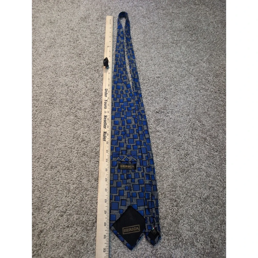 Serica Men‎ Blue Gray Geometric Squares Silk Blend Necktie Handmade in Italy